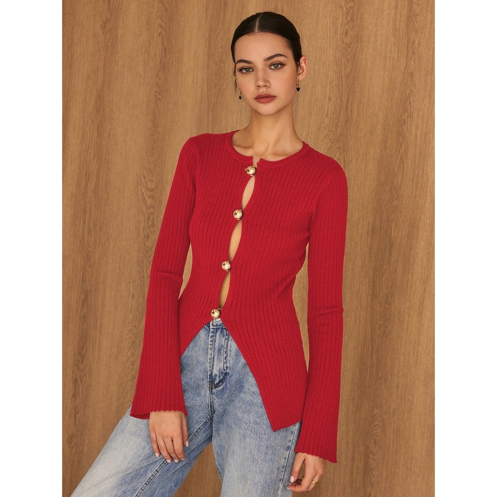 Commense Golden Button Split Knit‎ Top Red size S